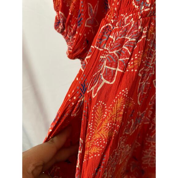 Angie Rayon Smocked Res MIDI Dress Balloon Sleeve Pocketed Floral Summer Size M - Picture 5 of 8